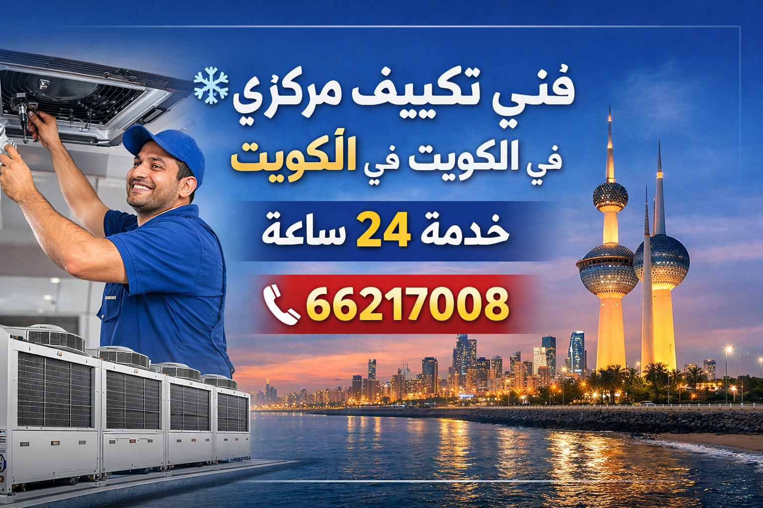 ❄️ فني تكييف مركزي في الكويت – خدمة 24 ساعة في ظل درجات الحرارة المرتفعة في الكويت، أصبح وجود مكيف يعمل بكفاءة أمرًا ضروريًا. نحن نوفر أفضل خدمات فني تكييف مركزي وسنترال مع دعم كامل على مدار 24 ساعة. 📞 اتصل الآن: 66217008