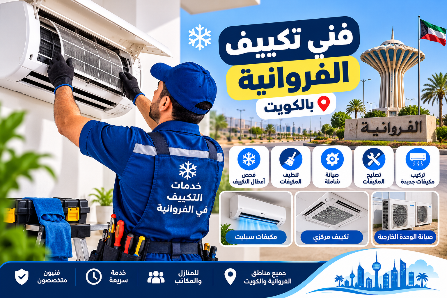 فني تكييف الفروانية يقوم بتنظيف فلتر مكيف سبليت وصيانة أجهزة التكييف بالكويت