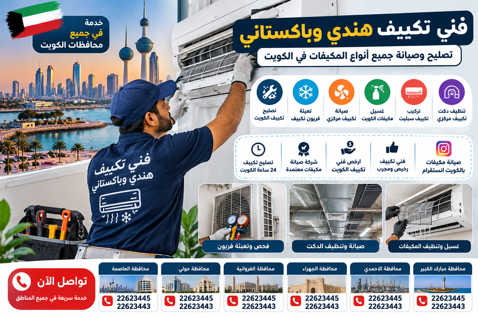 دليل خدمات فنيي التكييف الهنود والباكستانيين وإصلاح المكيفات في محافظات الكويت