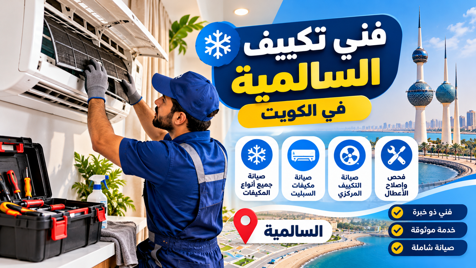 فني تكييف السالمية في الكويت يفحص وينظف مكيف سبليت