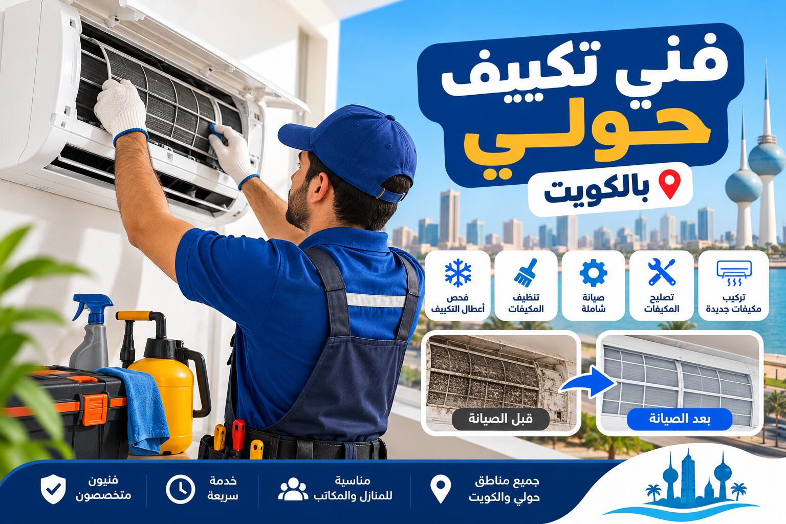 فني تكييف ينظف فلتر مكيف سبليت في منطقة حولي بالكويت
