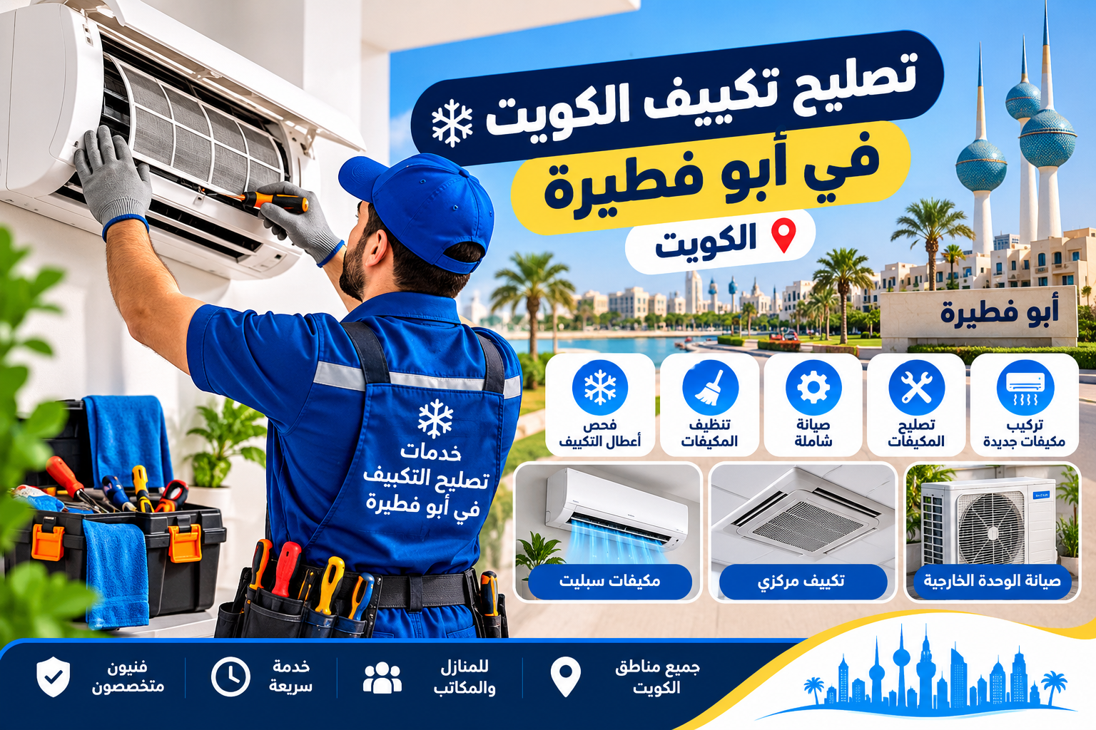 فني يصلح مكيف سبليت ضمن خدمات تصليح تكييف الكويت في أبو فطيرة
