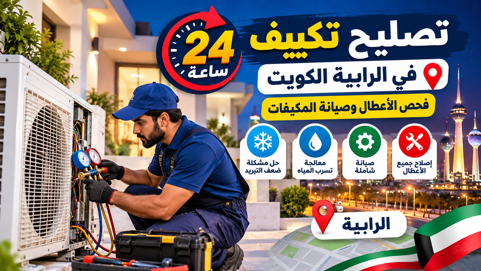 فني تصليح تكييف في الرابية بالكويت لفحص أعطال المكيفات وصيانتها